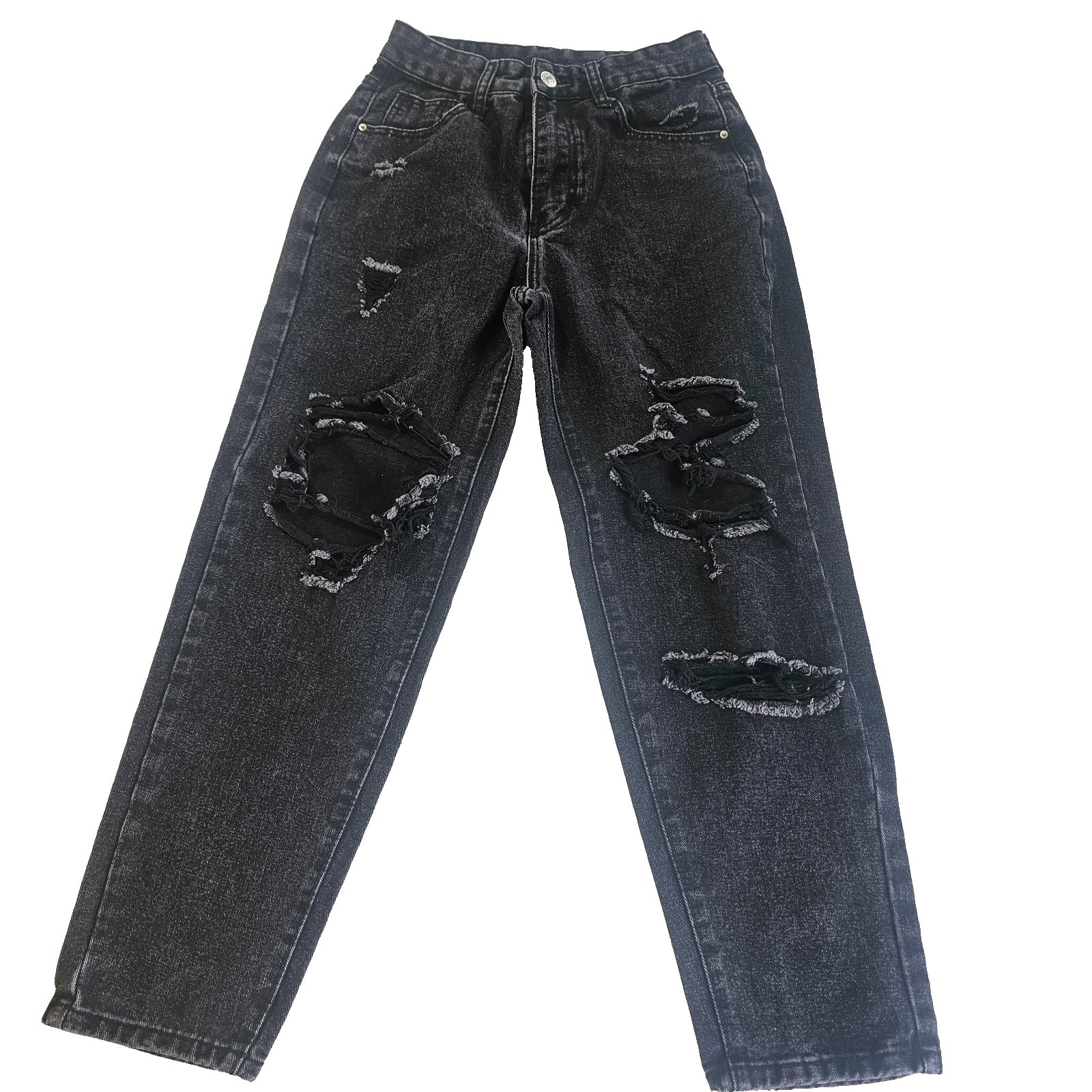 Shein Womens Distressed Black Jeans Size 2 Xs High Rise Straight Mom Denim